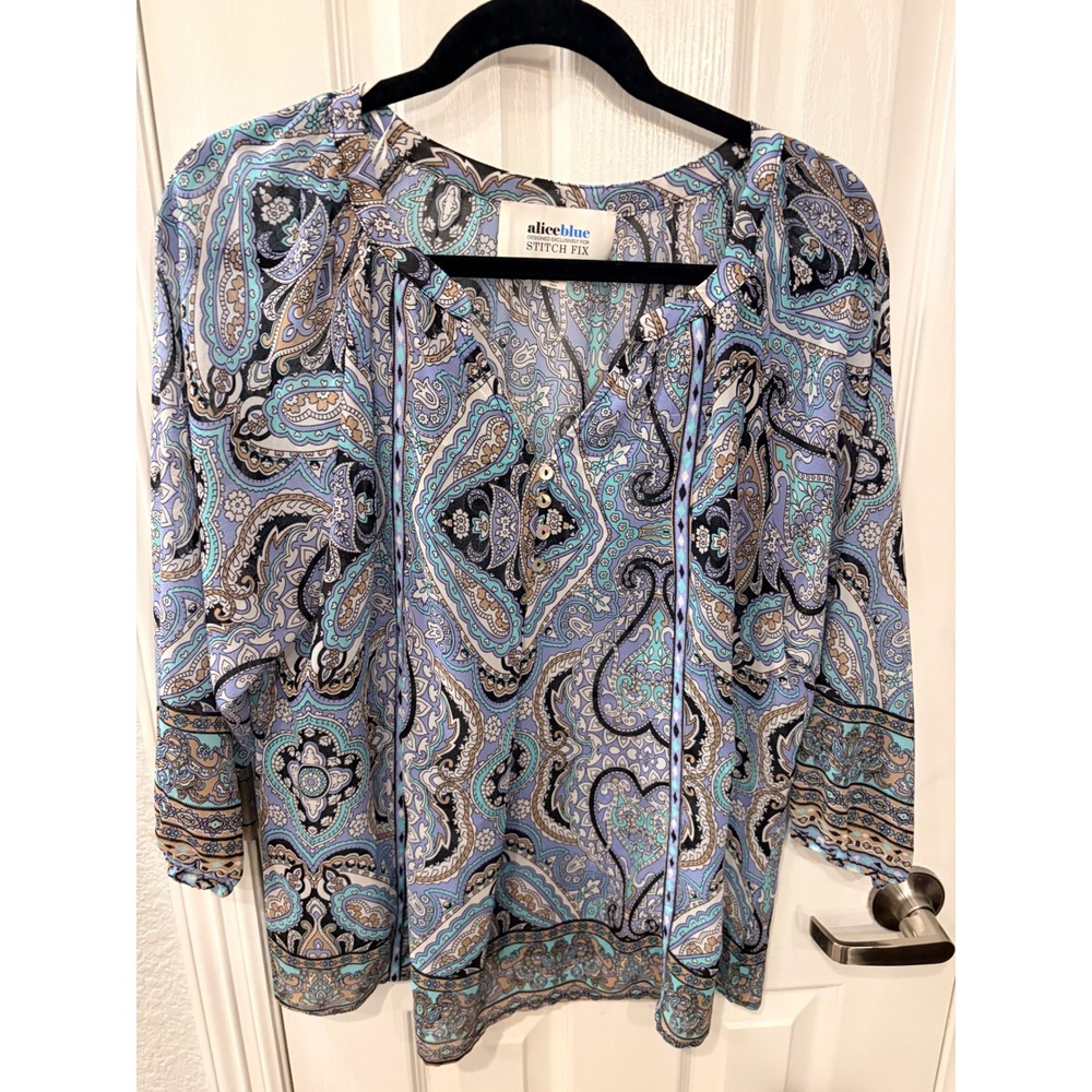 Alice Blue Blouse Blue Paisley Print Henley Split Neck Stitch Fix Top L